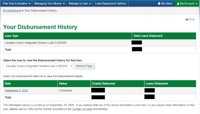 The Disbursement History page.