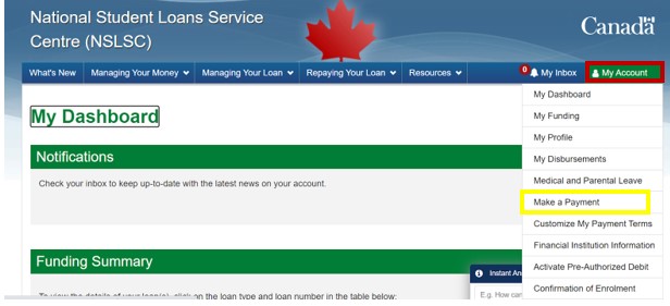 NSLSC dashboard page highlighting the My Account link in the top right and the Make a Payment menu option