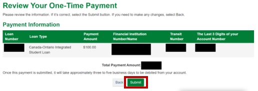 Review Your One-Time Payment page highlighting the Submit button at the bottom of the page