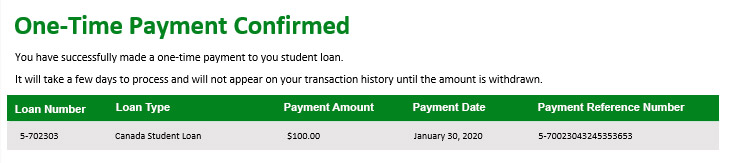 One-Time Payment Confirmation screen in your NSLSC account