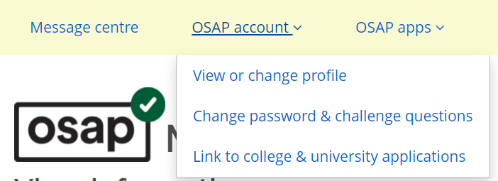 OSAP account drop-down menu
