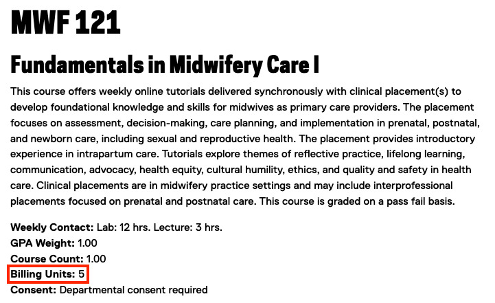 A sample course description from the Undergraduate Calendar includes the number of billing units with other course details.