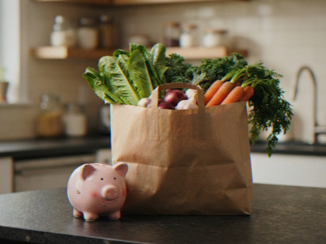 grocery bag with piggy bank