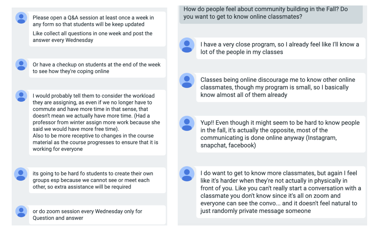 screenshots of conversations between students (de-identified) during our chat-group focus groups show students sharing sentiments with each other concerning connection with peers and teachers.
