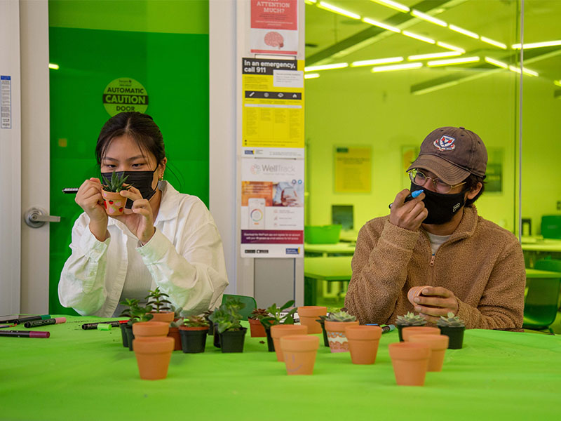 Two students painting succulent plant pots in the Student Learning Centre.
