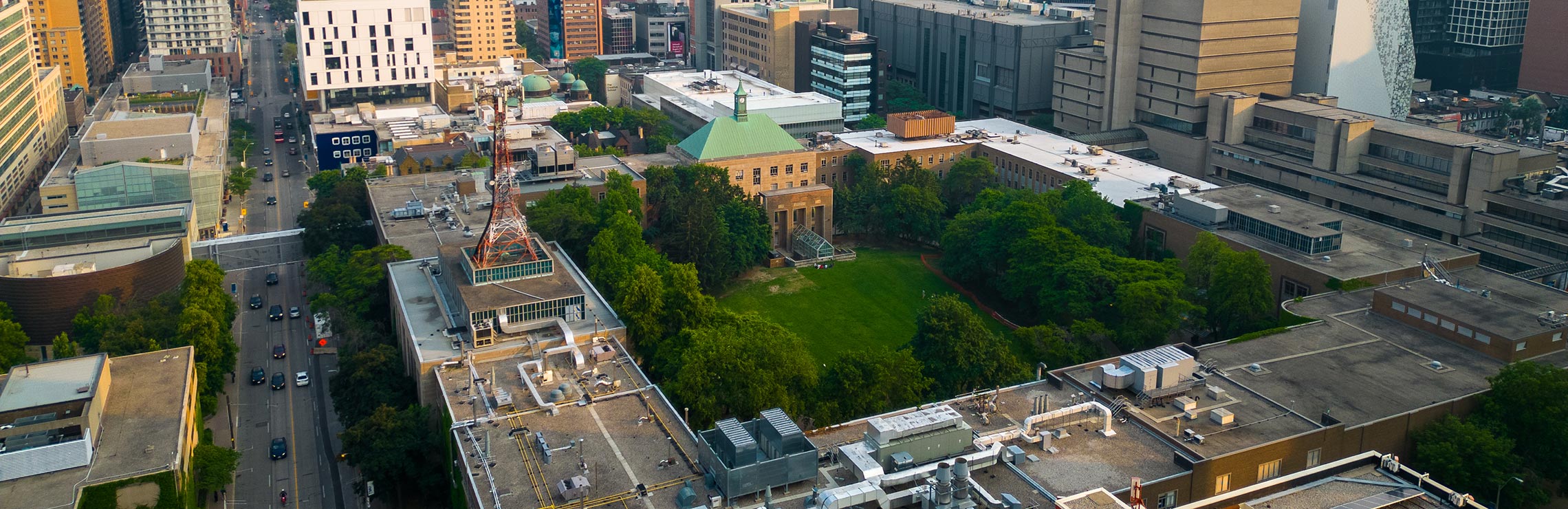 An early morning aerial view of TMU campus, looking south at the Quad and Church Street.