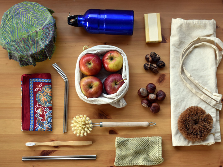 A table with zero waste, plastic free items on top.