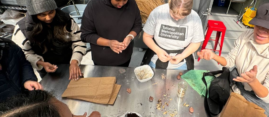 TMU community members sorting seeds for planting in a garden.