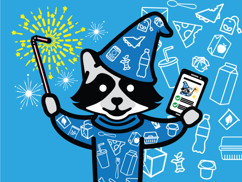 Cartoon graphic of a raccoon dressed in blue wizard robes and hat, and using a bendy straw as a sparkling wand.