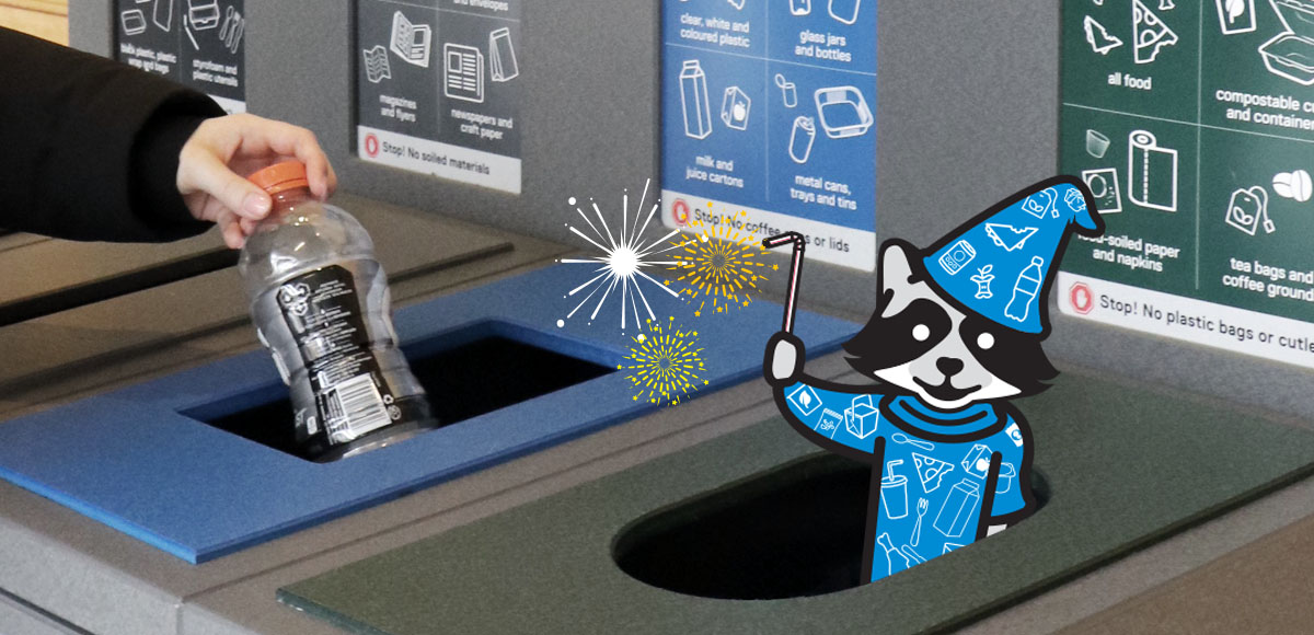 Empty plastic water bottle being thrown out in a four-stream waste receptacle, featuring the Waste Wizard.