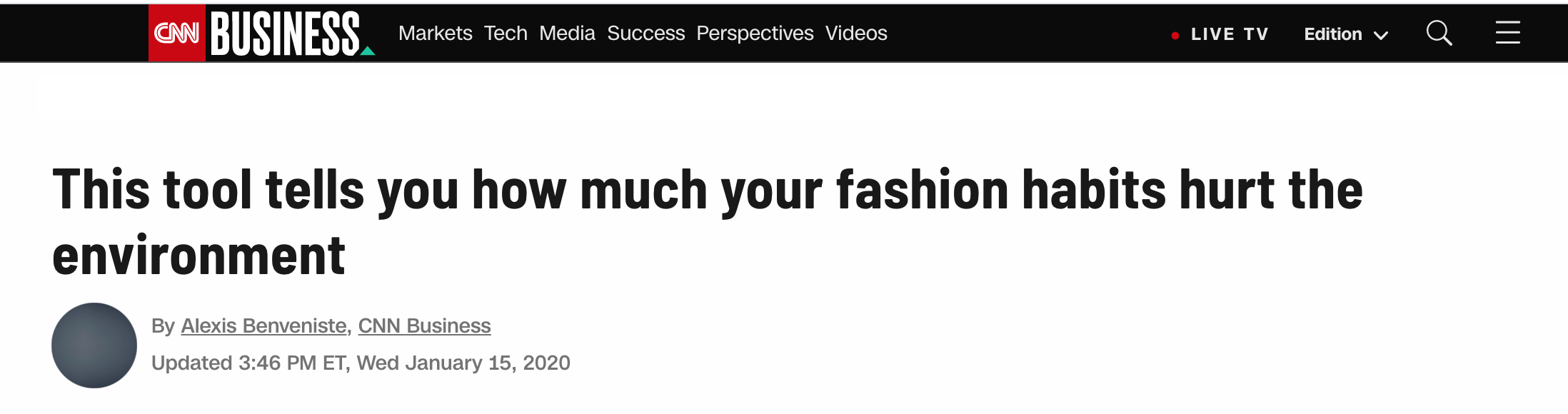 CNN Business Headline, reads: "This tool tells you how much your fashion habits hurt the environment"