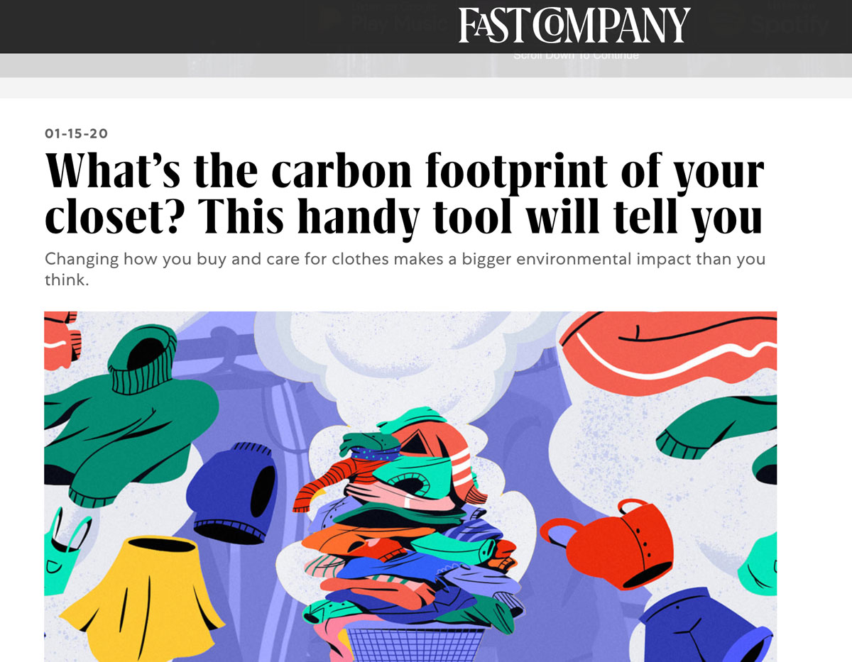 Fast Company Headline, reads: "What's the carbon footprint of your closet? This handy tool will tell you"