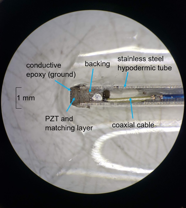 Ultrasound transducer integrated within guidewire with less than 1 mm diameter