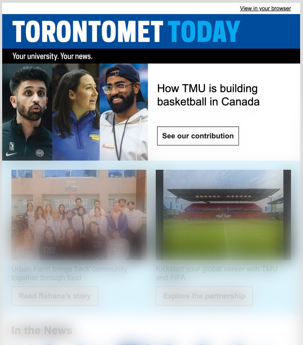 Capture of an edition of TorontoMet Today email newsletter featuring a basketball in Canada story