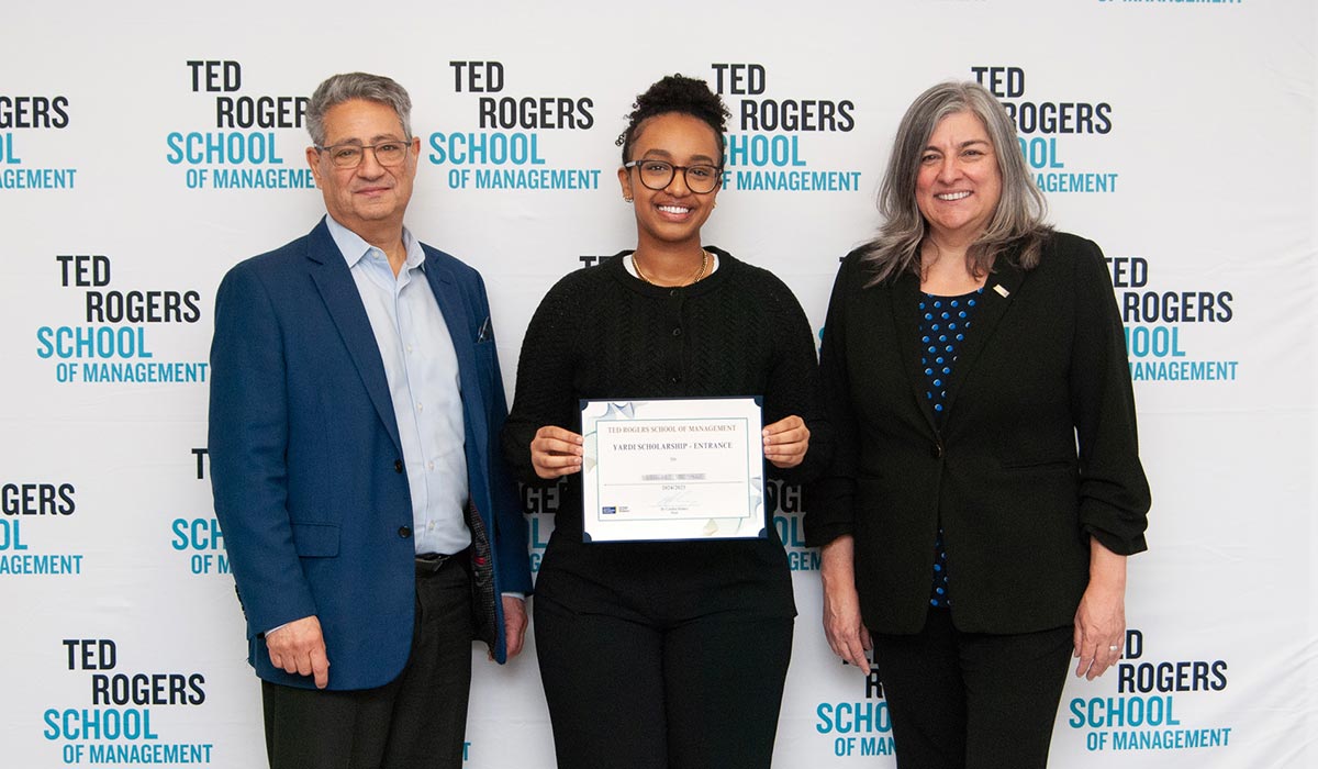 Dean Cynthia Holmes with award winner and award donor