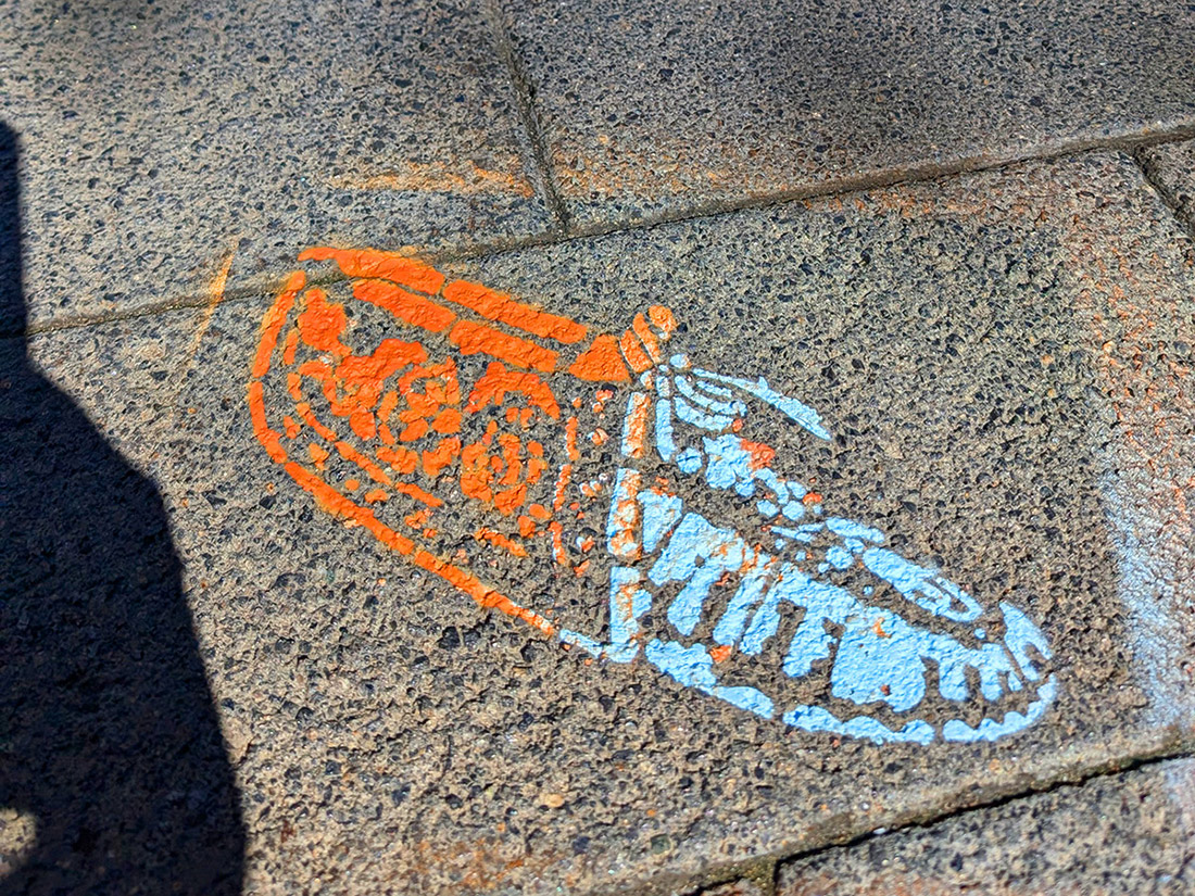 Close up of a stenciled mocassin shoe painted on the pavement