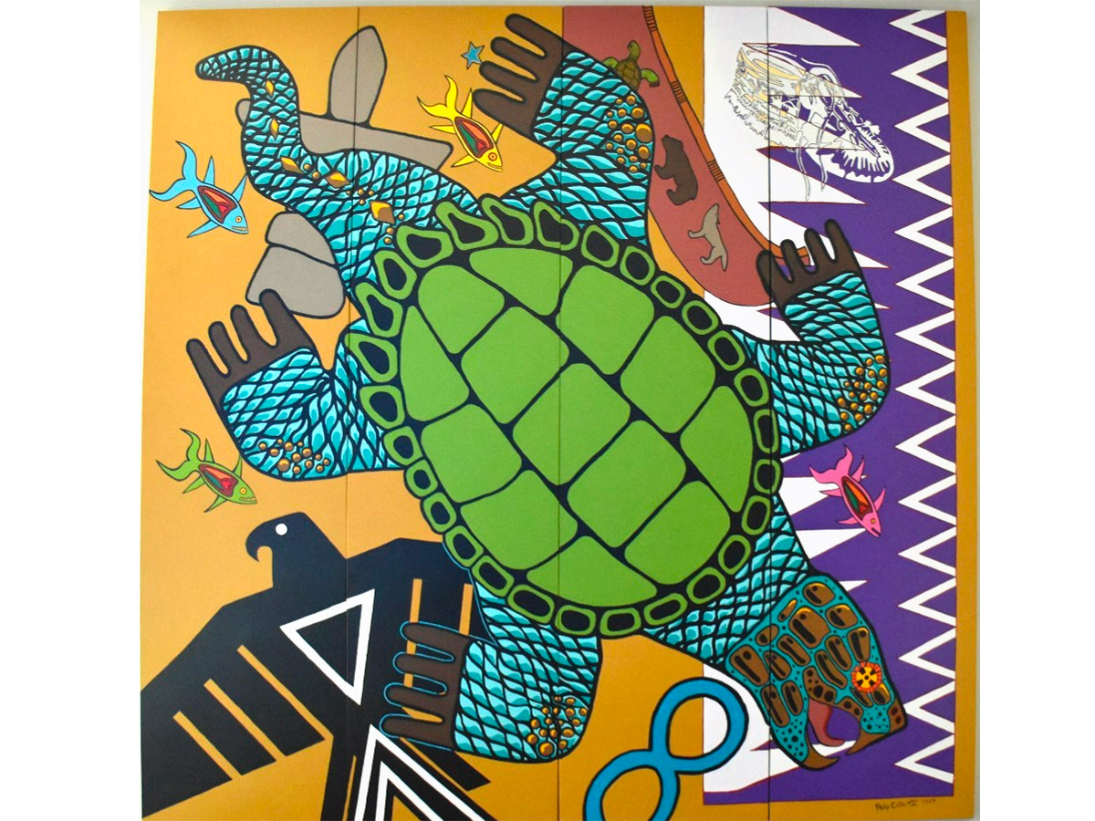 Artwork: snapping turtle for Turtle Island, fish depicting the intellect of Indigenous communities, thirteen moon calendar, and the Tadadaho belt for the great peace between five nations. 