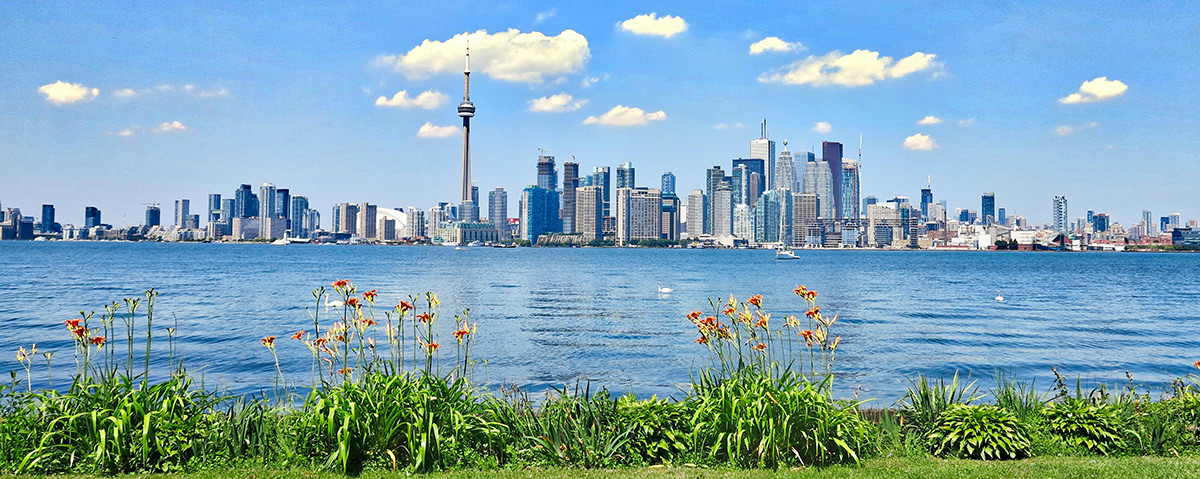 city skyline of Toronto with the Ontario Lake in the foreground in summer