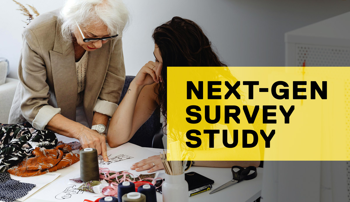 An older woman and a younger woman collaborate over sewing patterns at a cluttered table.  Words overlay "Next-gen survey study".