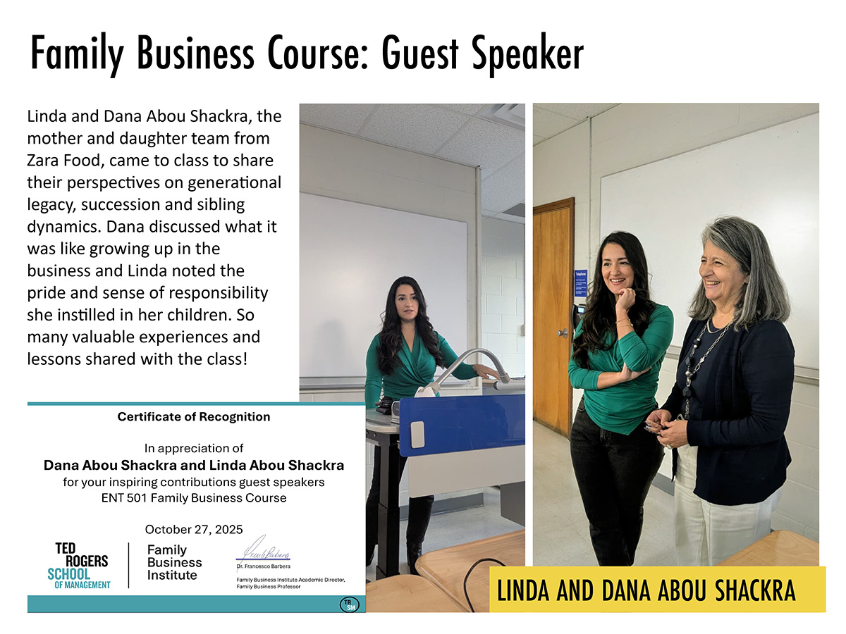Mother and daughter duo, Linda and Dana Abou Shackra, both smiling, stand in a classroom. A certificate of recognition is displayed. Tone: informative and celebratory.