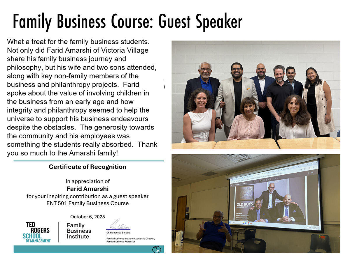 Two photos alongside a certificate recognizing Farid Amershi's contribution. Top-right: Group photo with diverse individuals smiling. Bottom-right: Person seated in a classroom pointing to a projected image of three men. Left side: Text about the speaker'