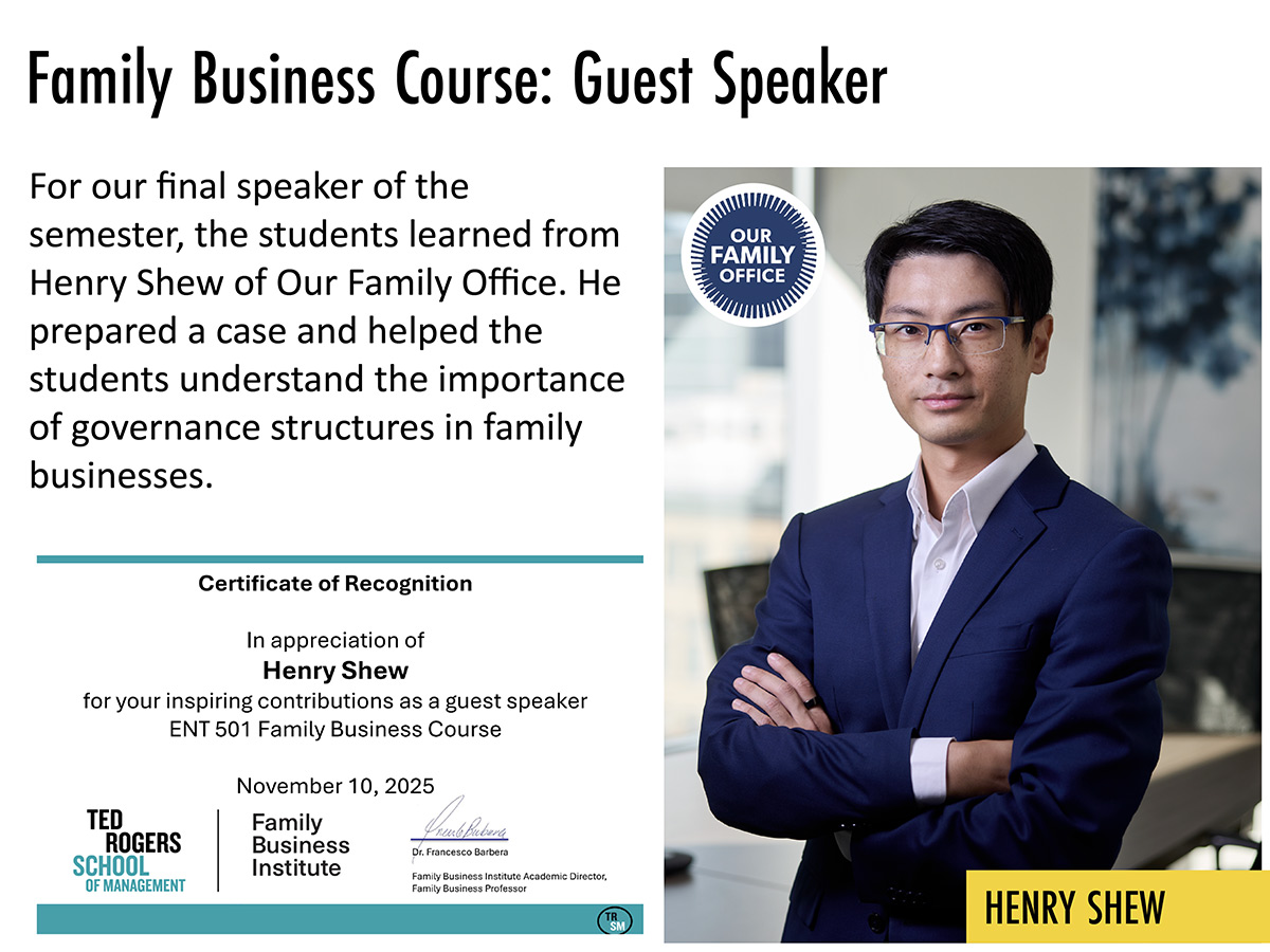 Henry Shew, professionally dressed, stands confidently with arms crossed beside a certificate of appreciation for guest speaking about governance in family businesses.