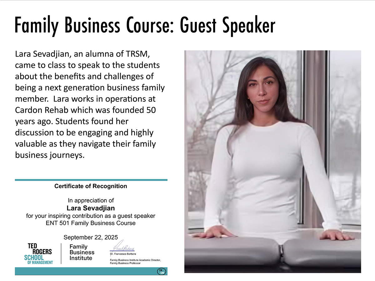 Lara stands confidently by a large window, beside text about her guest speaker role at a family business course. A certificate of recognition acknowledges her as an inspiring guest in the course.