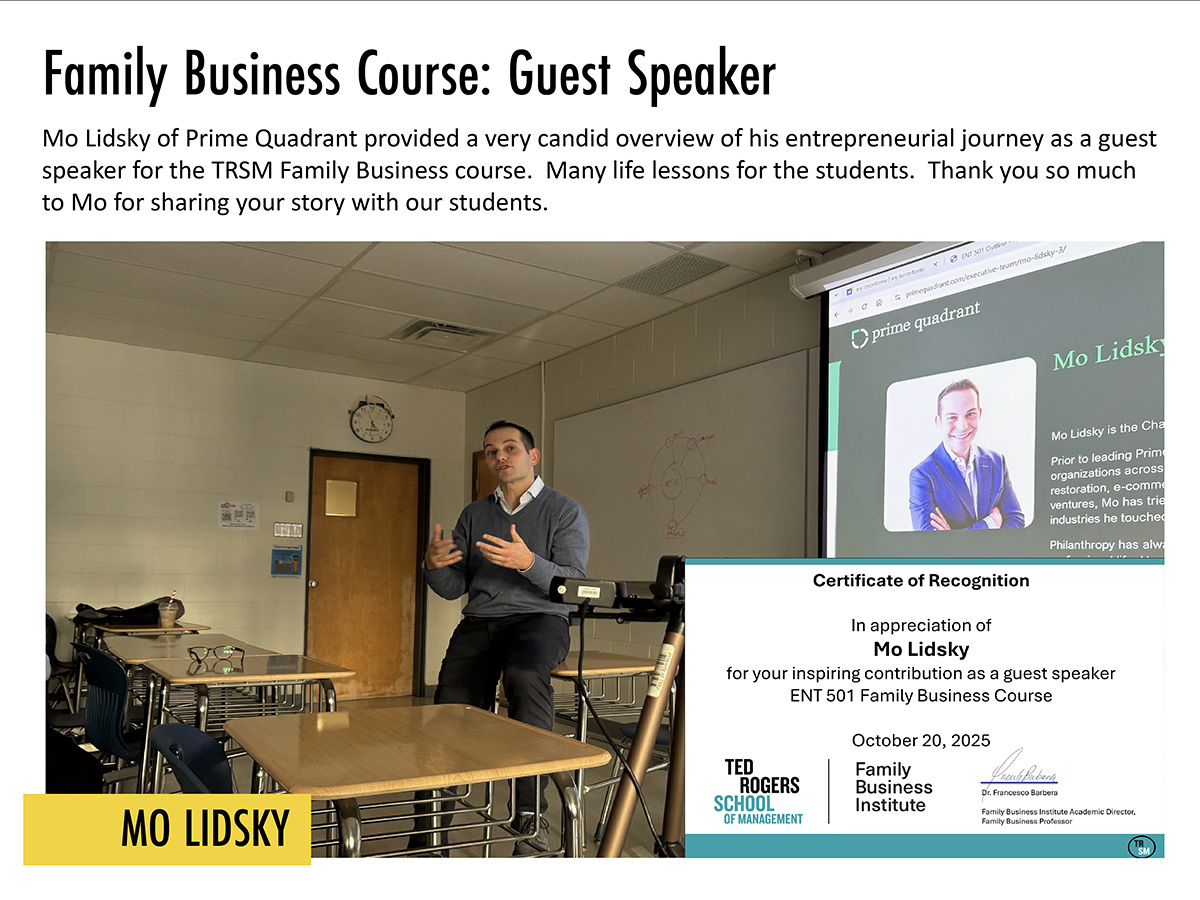 Guest speaker Mo Lidsky in a classroom gives a talk on entrepreneurship. A certificate of recognition is displayed. The setting conveys educational engagement.