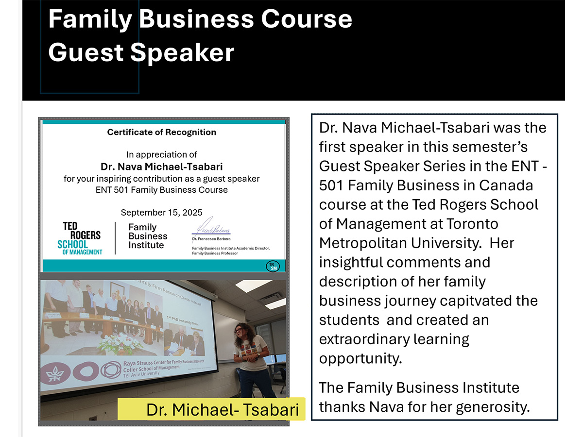 Dr. Michael-Tsabari stands beside a presentation screen in a classroom. A certificate of recognition is displayed. The setting conveys educational engagement.