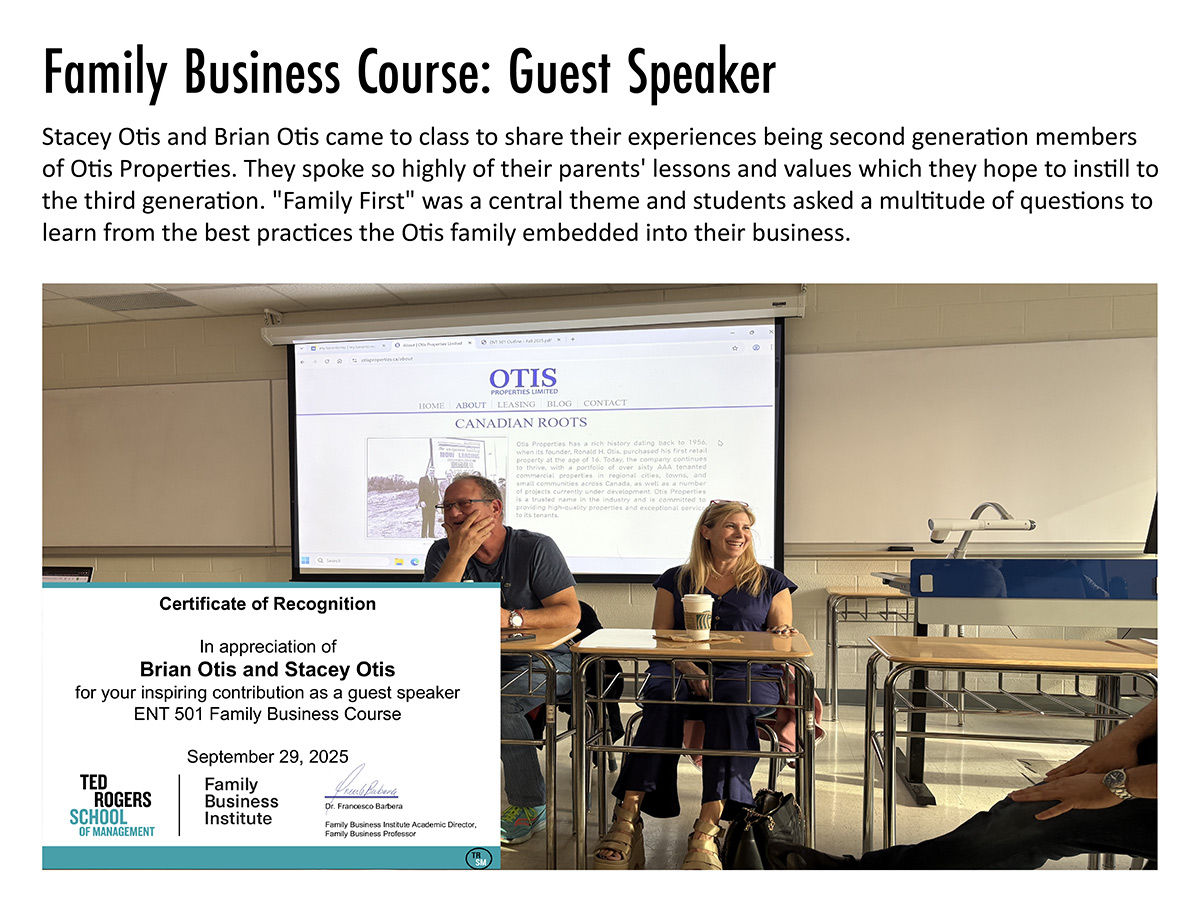 Classroom setting with two Otis family guest speakers seated at the front, suggesting an interactive session.. A projected screen displays 'OTIS Properties.' A certificate of recognition.
