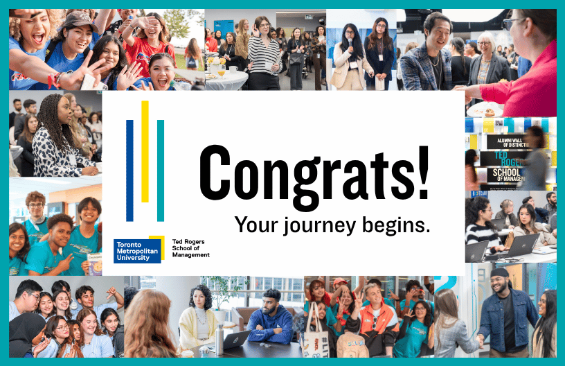 Collage of diverse students at Toronto Metropolitan University with a lively and joyous atmosphere. Central text says, "Congrats! Your journey begins."