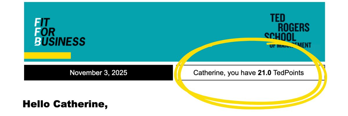 FFB newsletter highlighting that your Ted Points are found at the top right of the newsletter