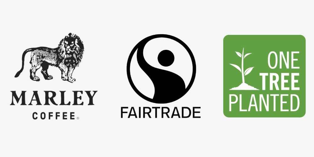 Marley Coffee, Fairtrade, One Tree Planted logos