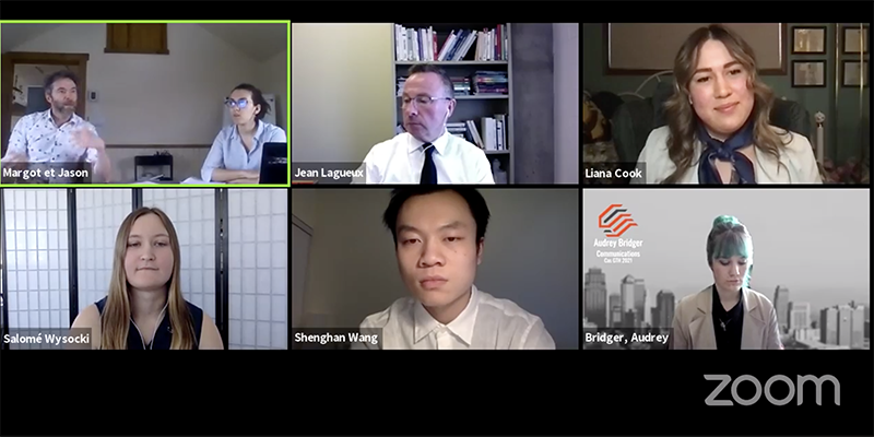 This image is a screenshot of HTM students Liana Cook, Shenghan Wang, and Salomé Wysocki on a zoom call for the GTH Case Competition. 