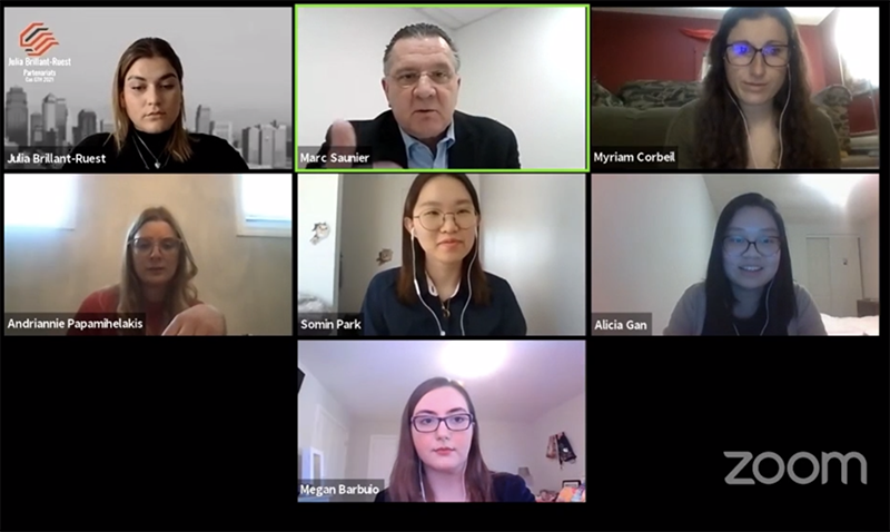 This image is a screenshot of HTM students Megan Barbuio, Alicia Gan, and Somin Park on a zoom call for the GTH Case Competition. 