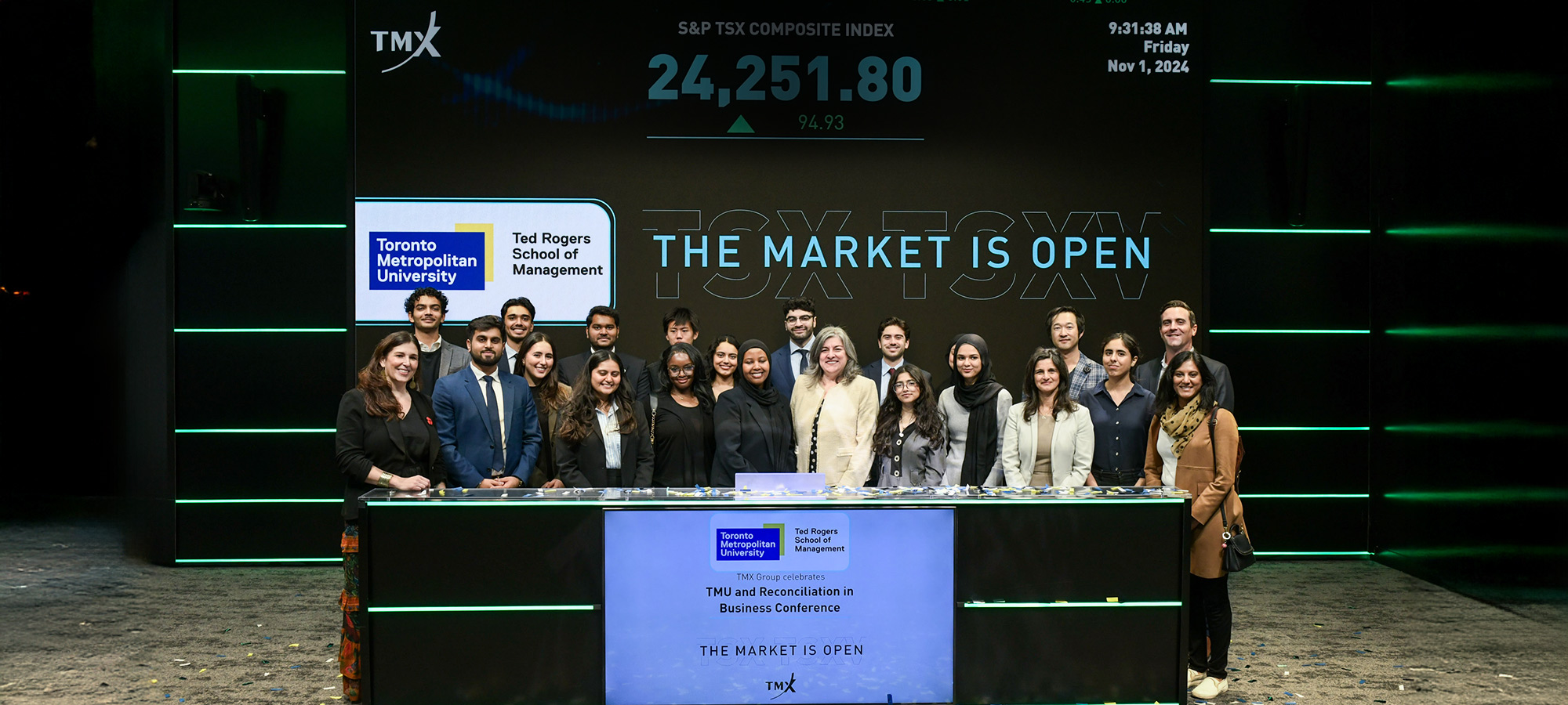 Dean Cynthia Holmes joined student leaders from TMU's TRIBE group and celebrated the Reconciliation in Business Conference with a special market opening alongside TMX Group, November 2024