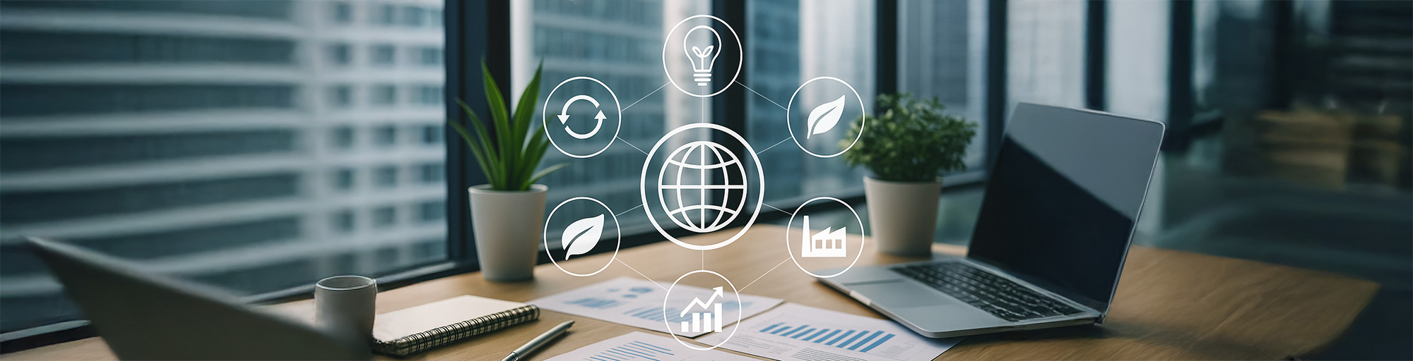 laptop on desk with plants around and infographics of energy, leafs, sustainability, lightbulb