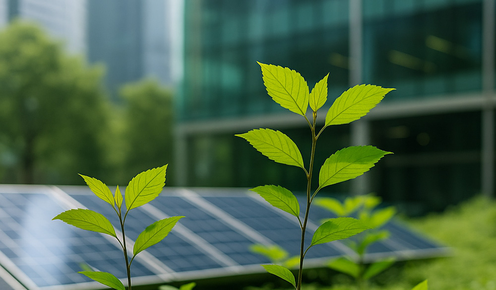 Close up of leaves in front of a solar panel and office buildings