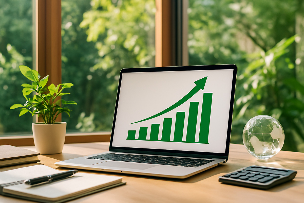 Laptop on desk with a graph chart moving up on screen. With a plant on the side.