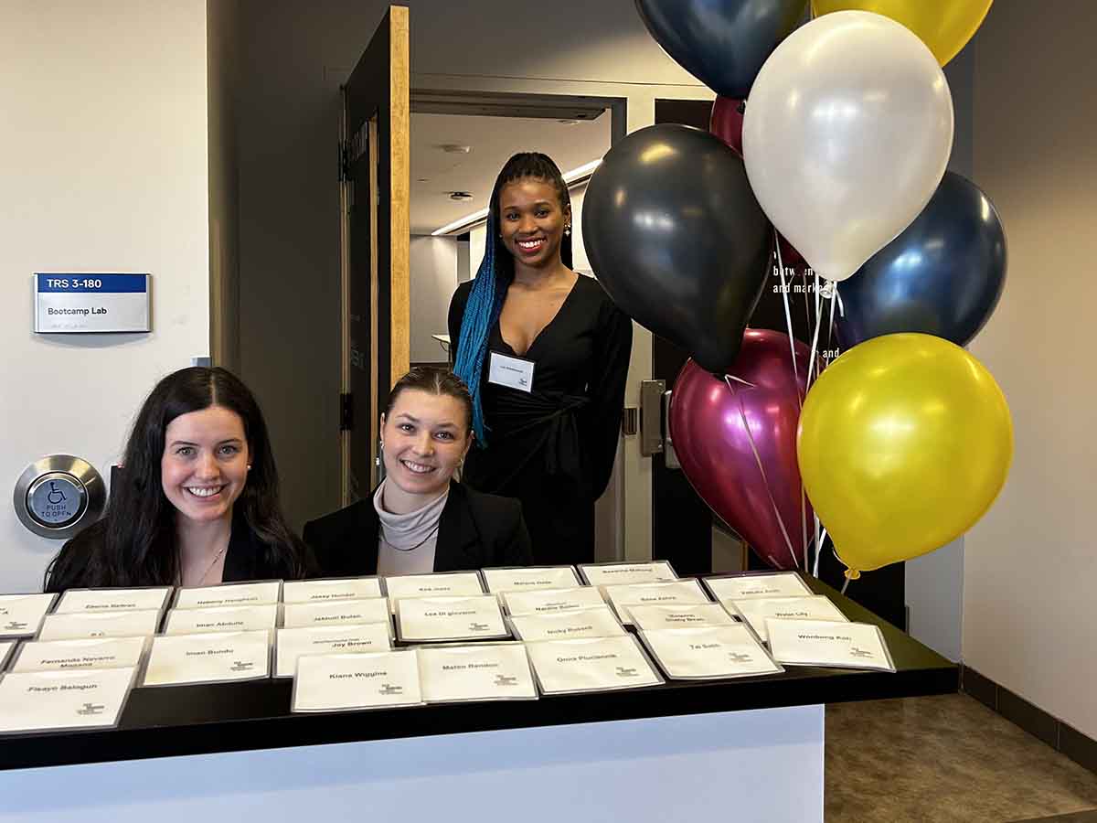 From left, Danielle Fox, Ted Rogers MBA candidate, Madison Lalonde, Ted Rogers MBA candidate, and Alexis Stackhouse, vice president of Ted Rogers Black Business Graduate Students Association.   (Photo credit: BBGSA)
