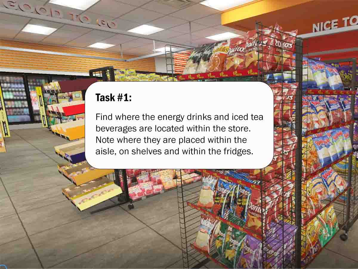 A photo illustration of Dr. Janice Rudakowski's virtual reality convenience store with task prompt