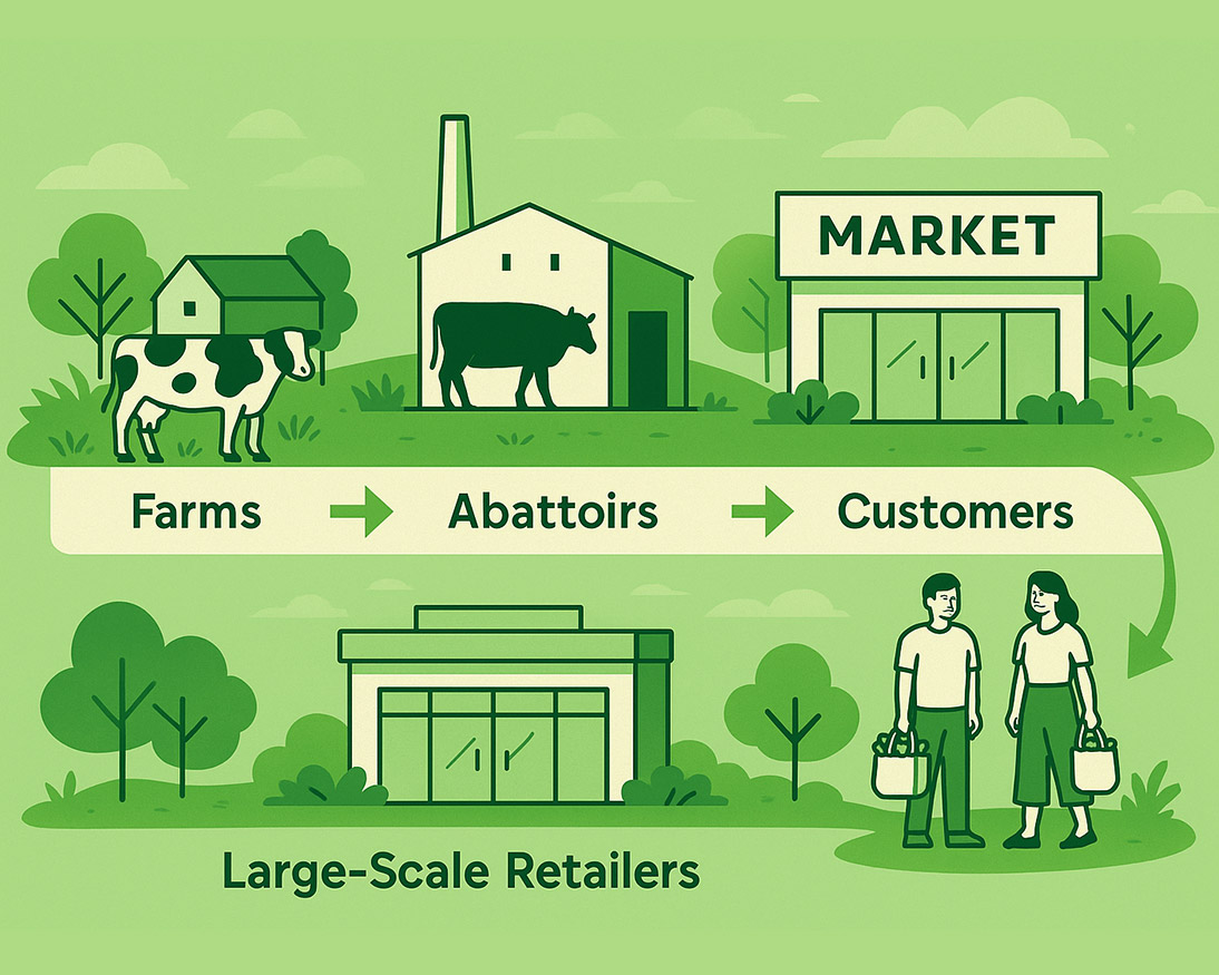 Infographic showing the supply chain: cow on a farm, abattoir, market, and customers with grocery bags. Text reads "Large-Scale Retailers."