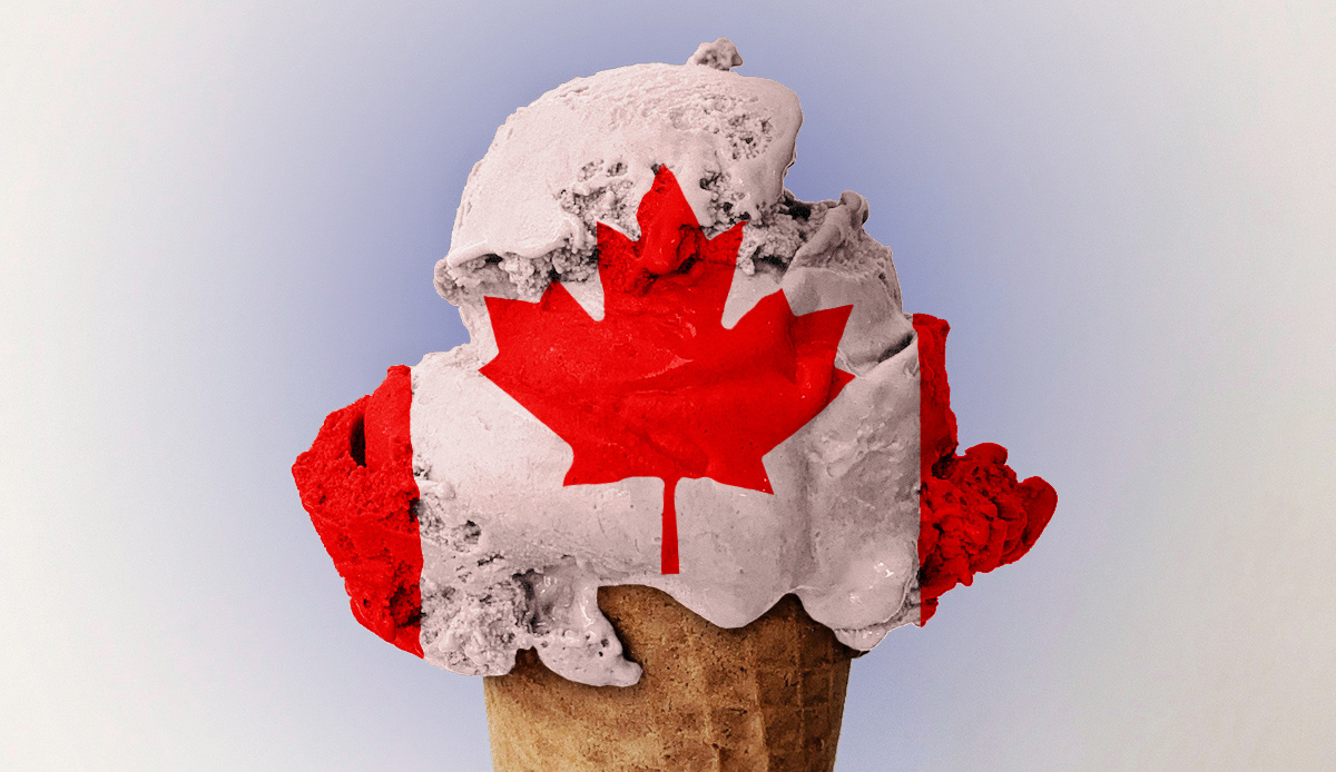 A colorful ice cream scoop with the Canadian flag's red maple leaf on a waffle cone image for a Media release featuring Chapman's Ice Cream
