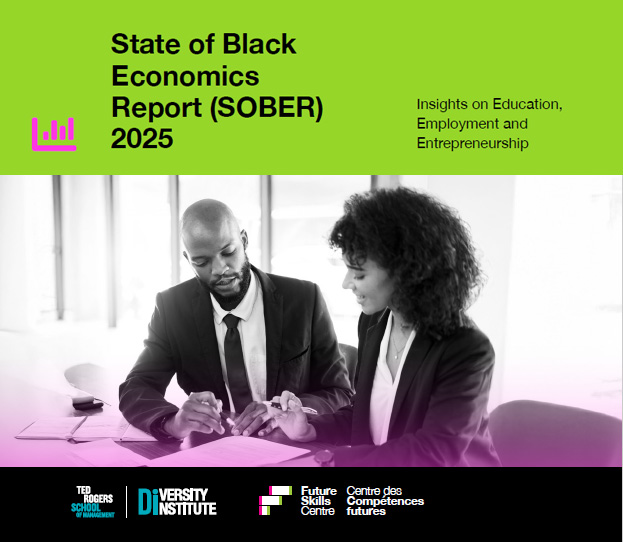 State of Black Economics Report 2025 cover from the Diversity Institute. Features a professional Black man and woman discussing documents. Includes insights on education, employment, and entrepreneurship.