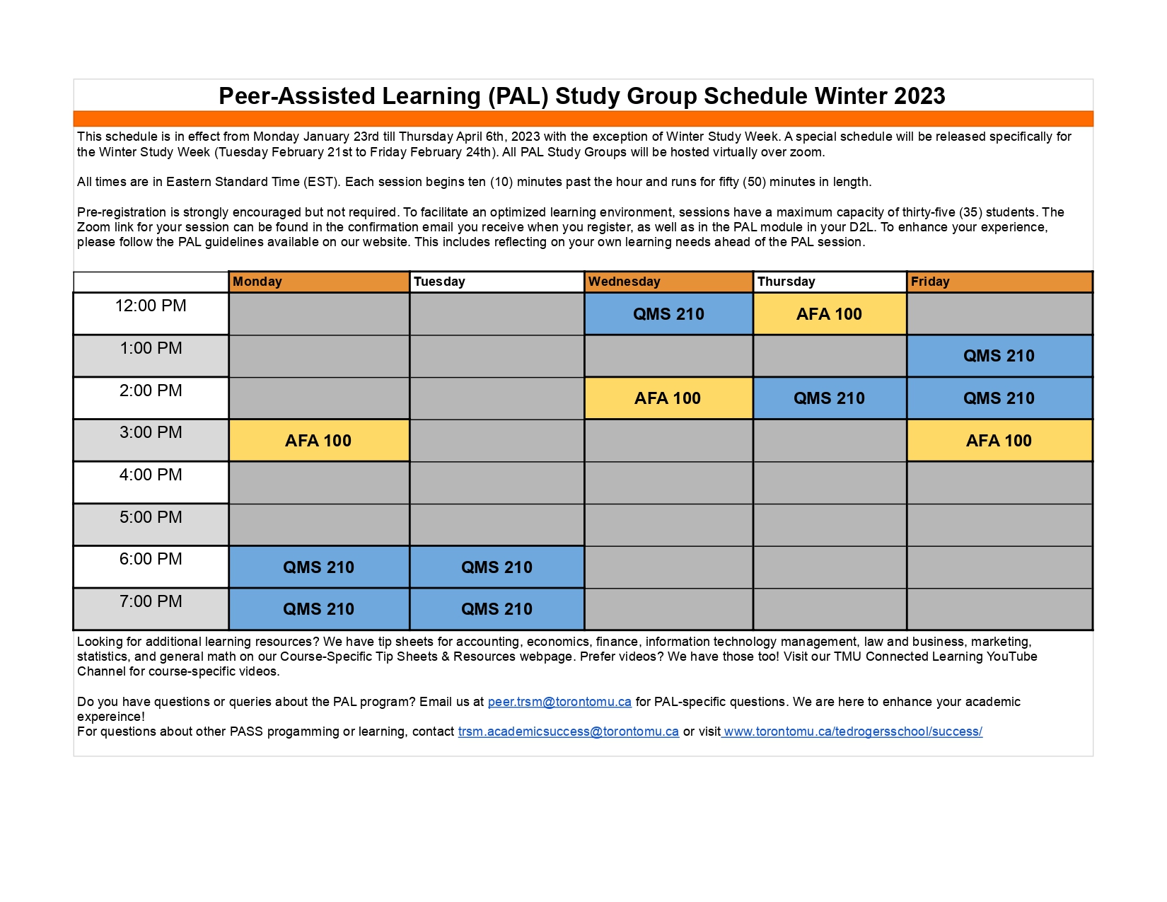 Peer-Assisted Learning Winter 2023 Schedule