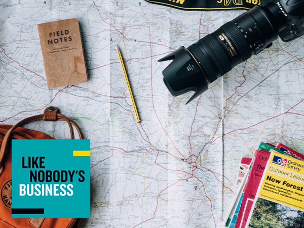 A map with a pencil, camera, books, notebook and backpack laying on top