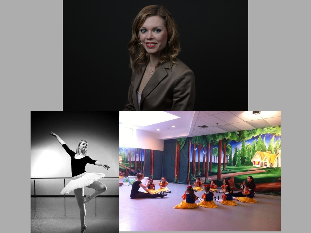 Collage of Julia Gropper - Headshot, dancing and teaching dance