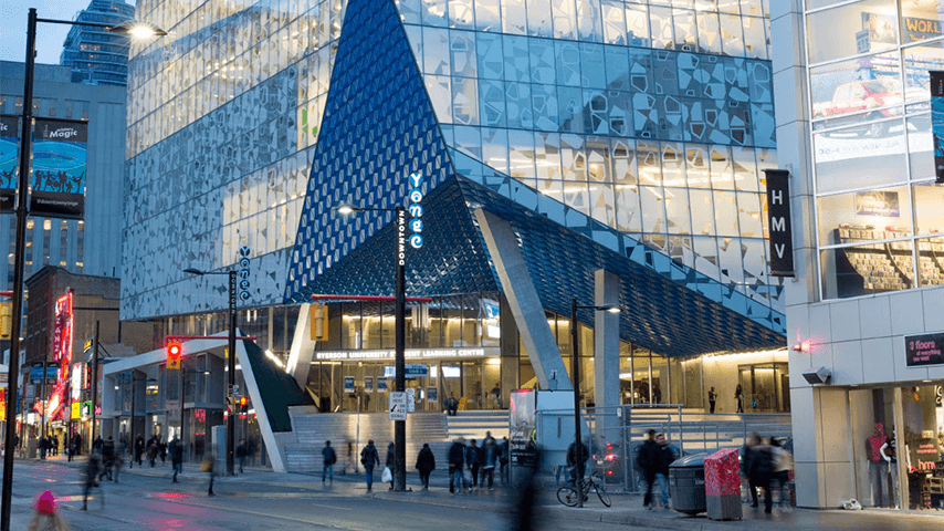The Student Learning Centre, a 9 story glass building on the corner of Younge and Gould st