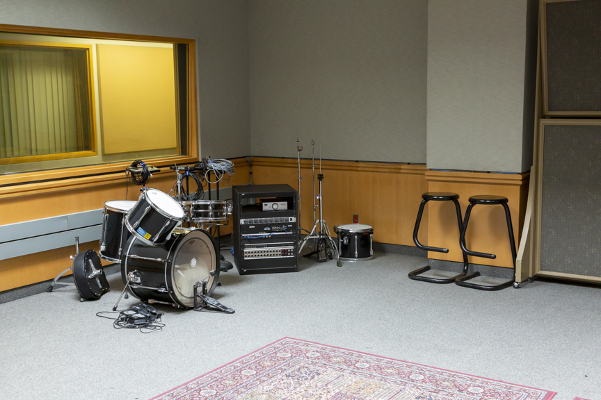 drum kit and amps in the multitrack studio room