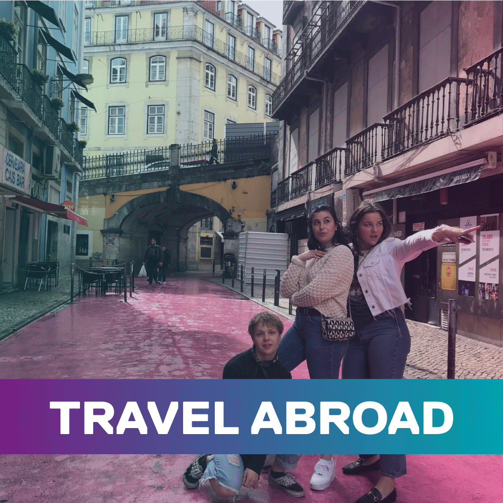 travel abroad is written on a banner on top of a photo of students posing in a street